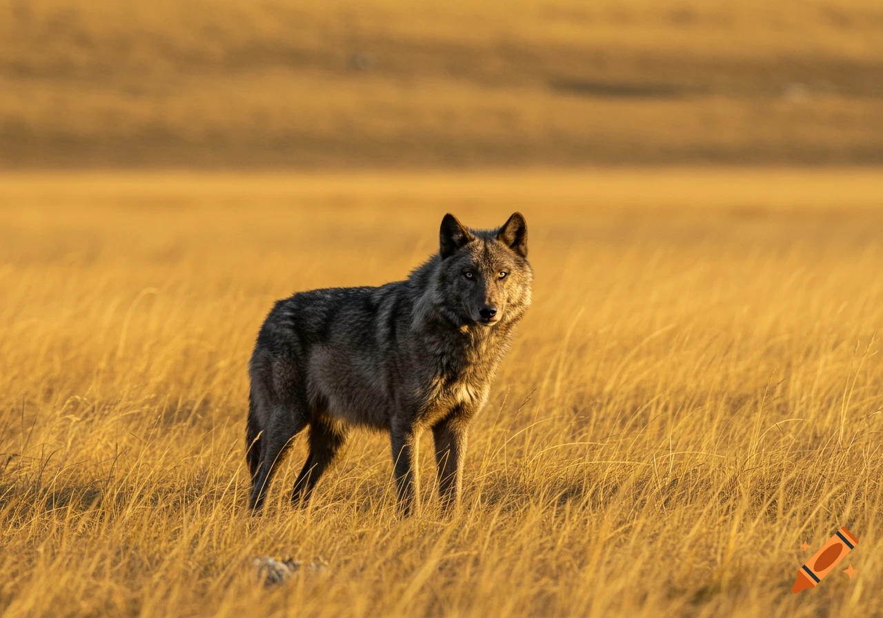 A gray wolf stands in a field of golden grass.