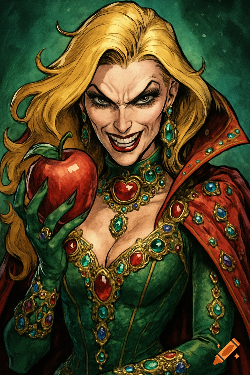 A villainous blonde woman with fangs holds an apple, wearing a jeweled dress and cape, comic book art.