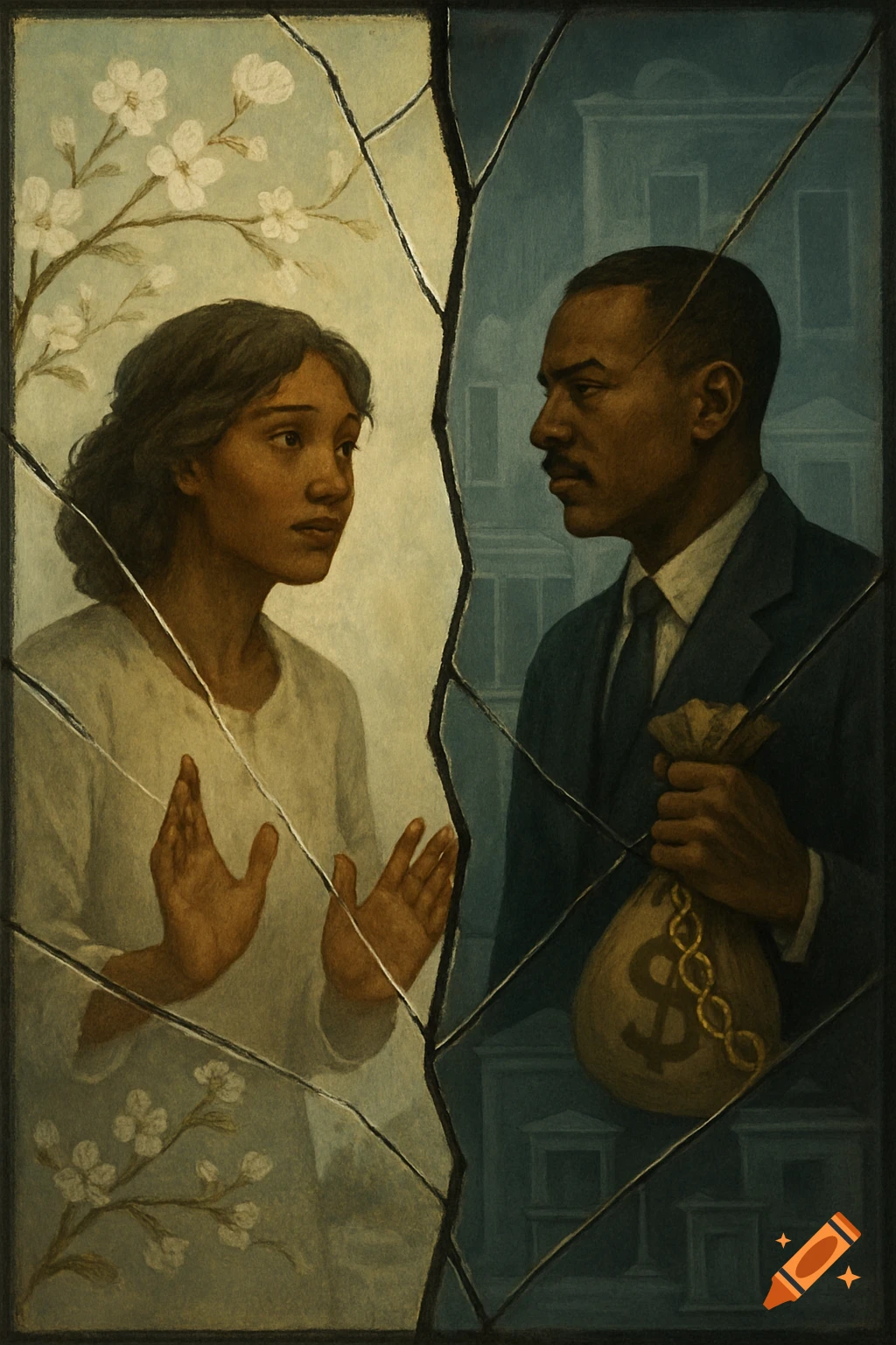 Painting of a man and woman separated by a cracked line; woman with flowers, man with money bag.