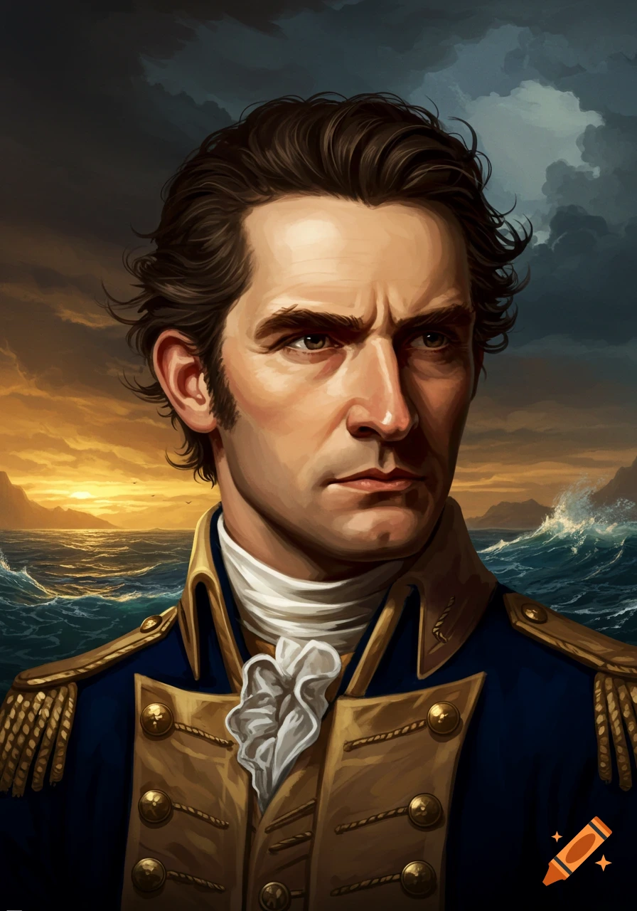 Portrait of a man in a historical naval uniform against a dramatic sea and sunset