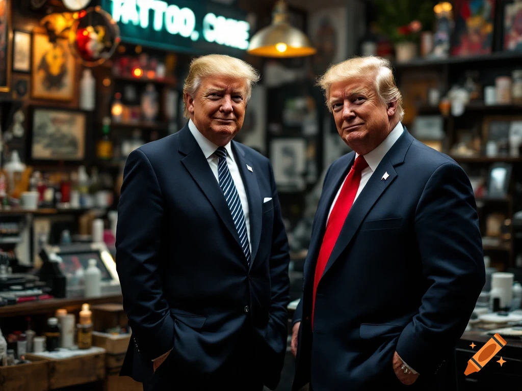 Two figures resembling Donald Trump stand inside a tattoo shop.