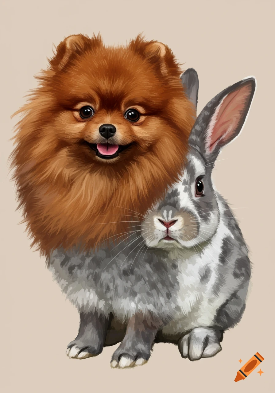 A creature with the fluffy brown head of a Pomeranian and the spotted gray and white body of a rabbit.