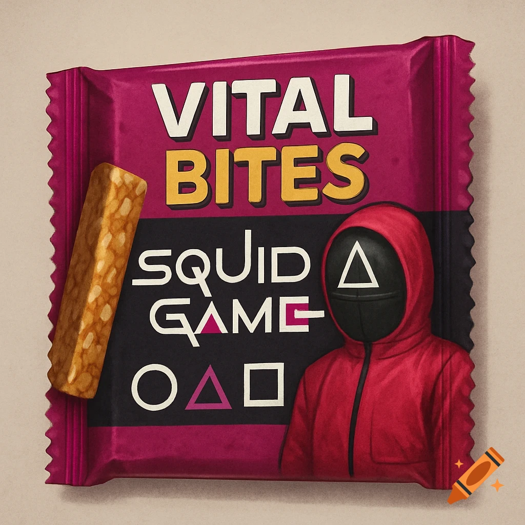 Snack bar wrapper for "Vital Bites Squid Game" featuring a Squid Game character.