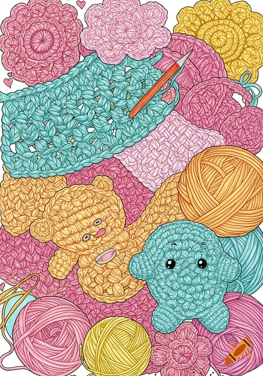 Illustration of various crochet items, including a blue swatch, pink and yellow circular pieces, yarn balls, and amigurumi stuffed animals (a bear and a blob-like creature), in a coloring page style.