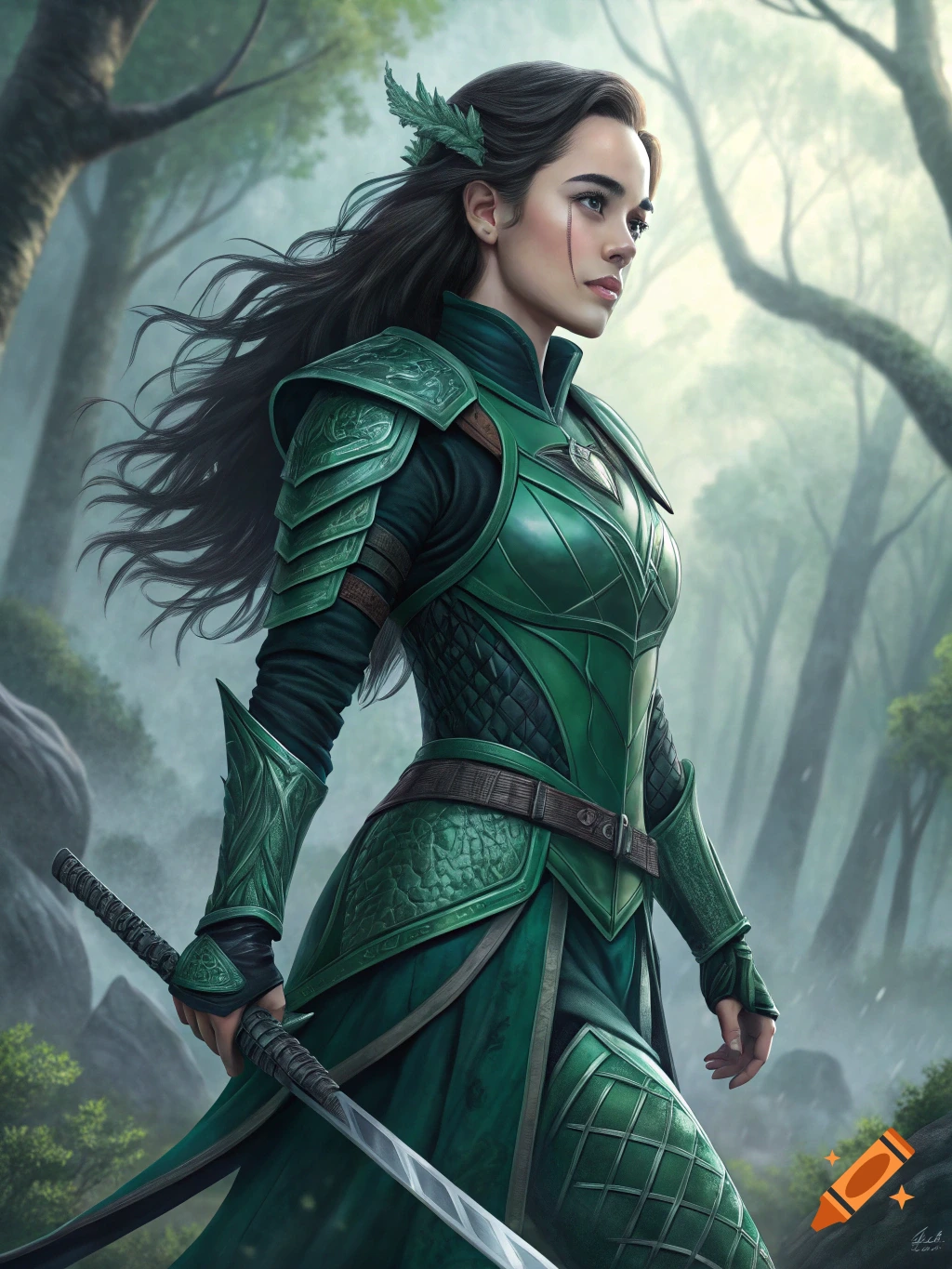 Woman in green fantasy armor with swords in a forest