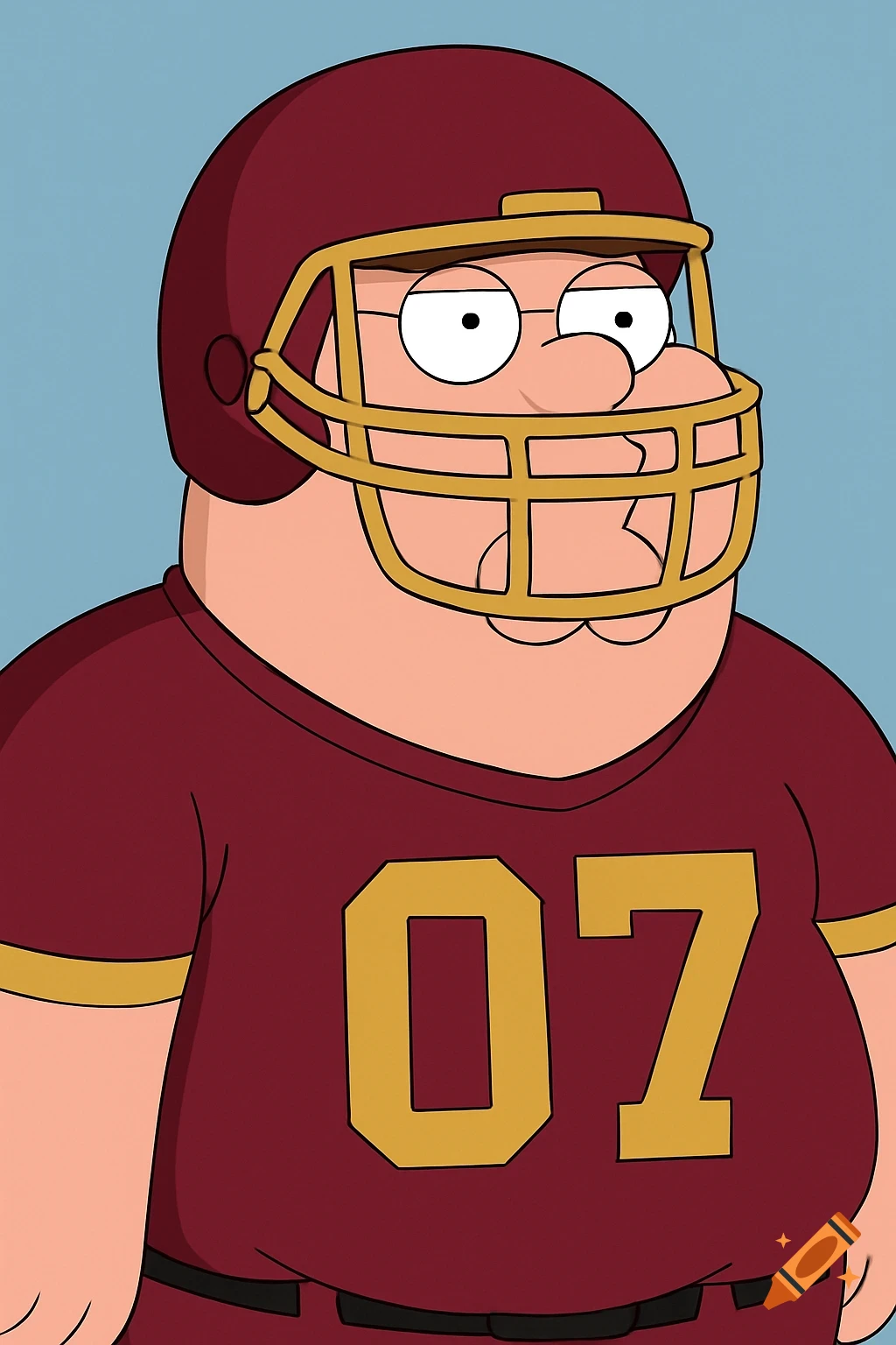 Cartoon of Peter Griffin in a maroon football uniform with the number 07.