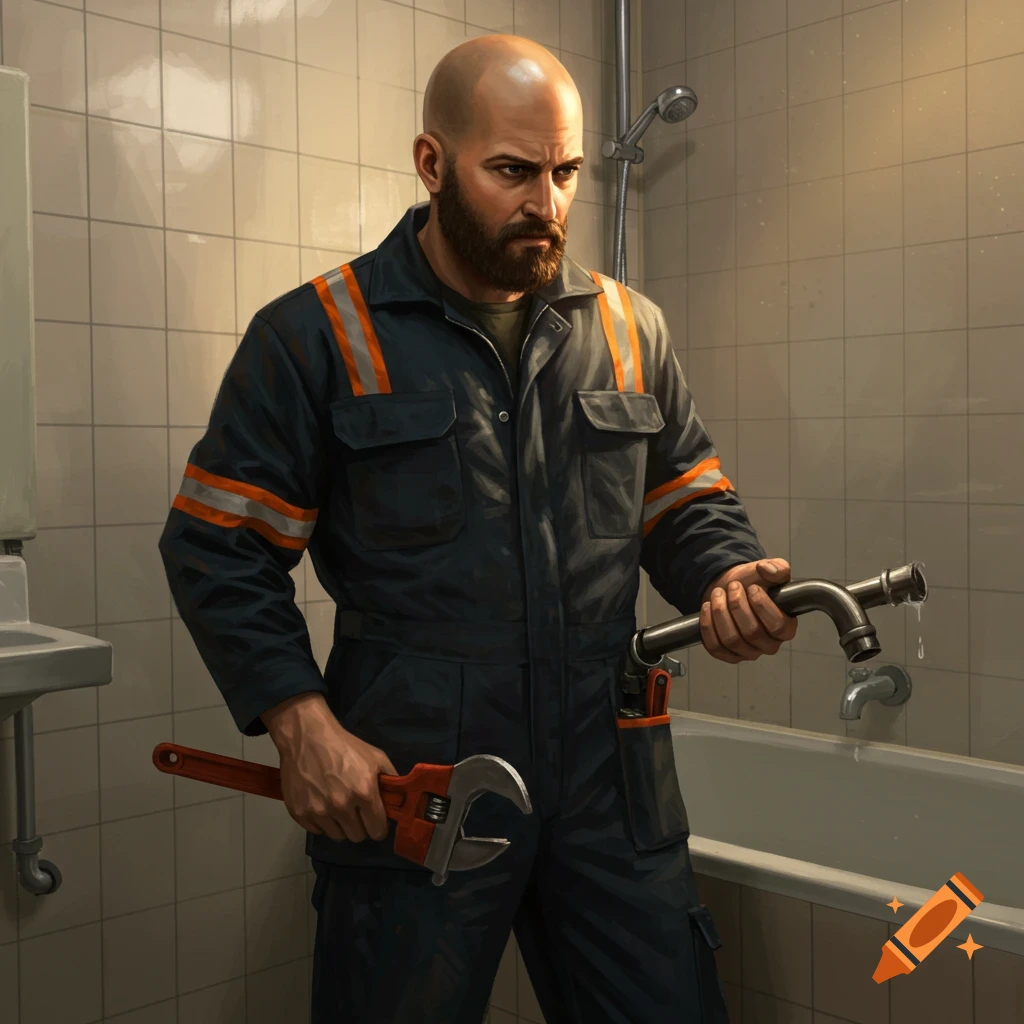 A bald, bearded man in a jumpsuit holds a pipe and a wrench in a bathroom.