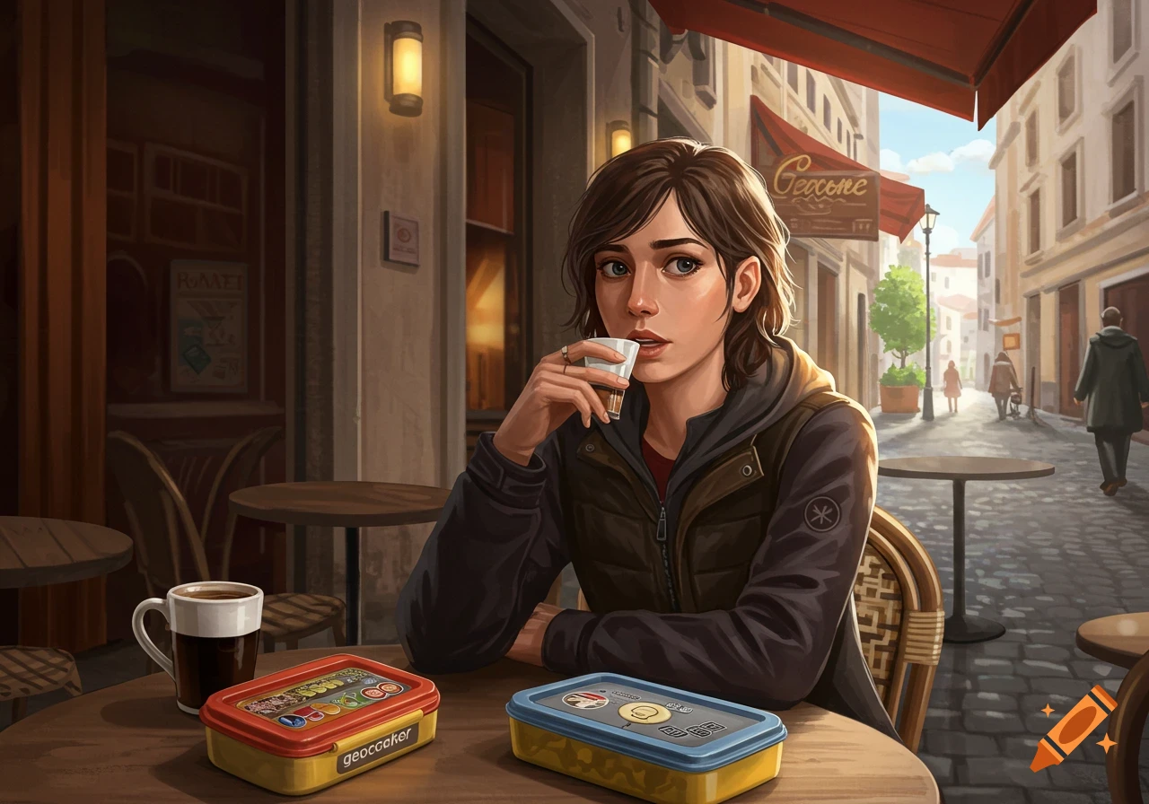 Illustration of a woman drinking coffee at an outdoor cafe table with two lunchbox containers, possibly geocaches.