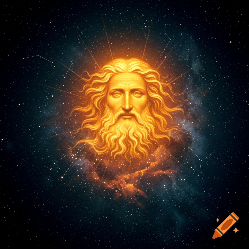 Glowing face of a celestial figure in deep space with stars and nebulae.