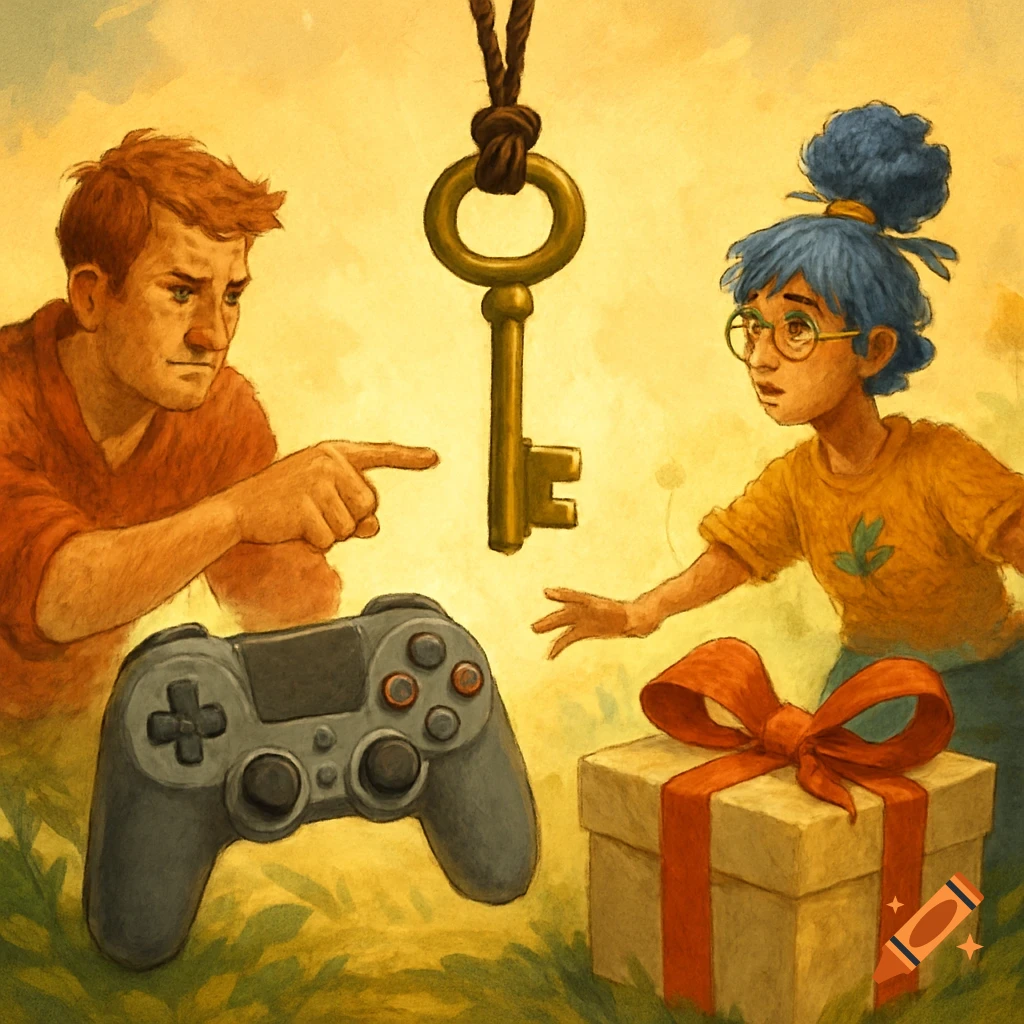 Painted illustration of two people looking at a hanging key, with a game controller and gift box.