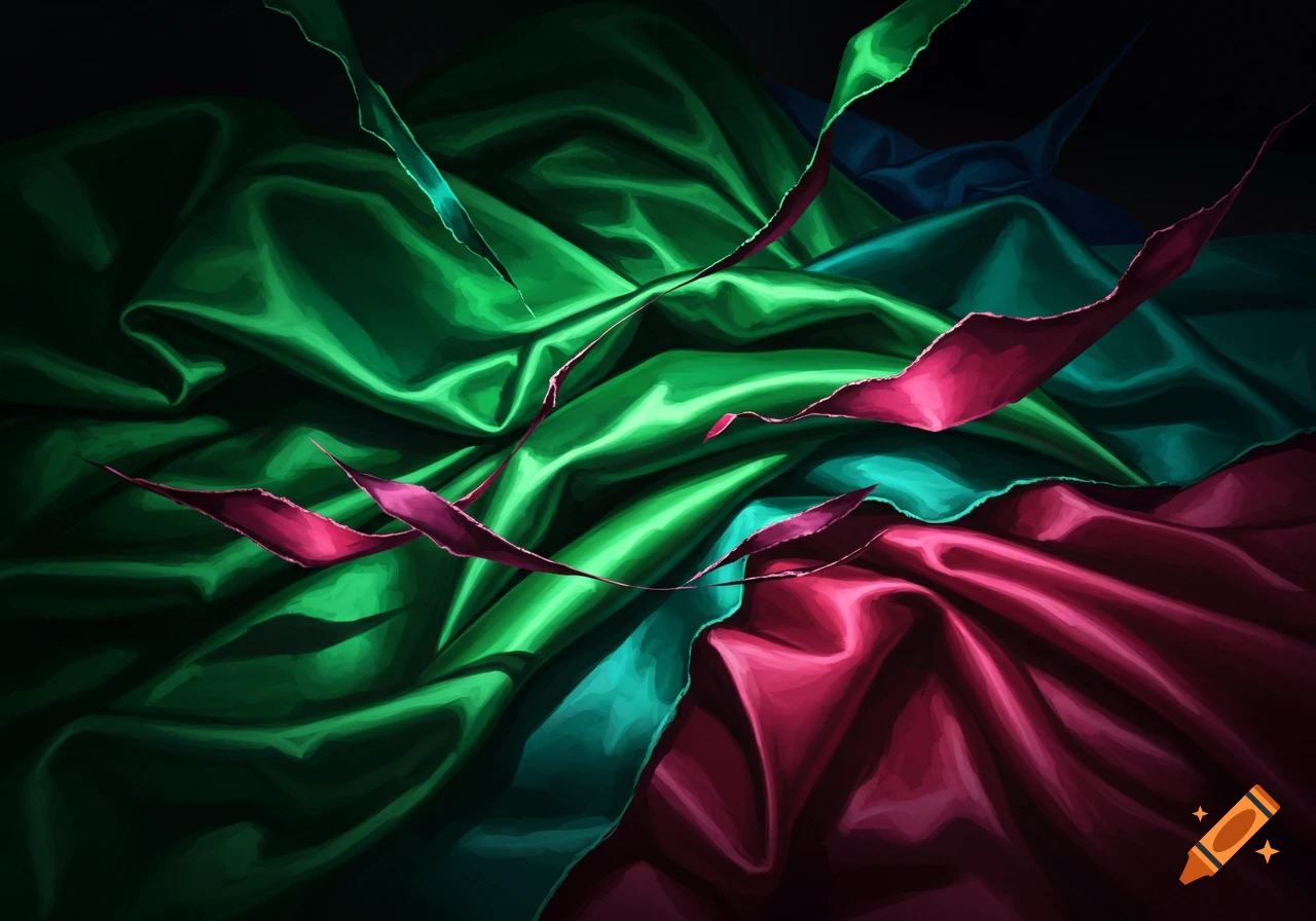 A painting of ripped green and pink silk fabric against a dark background.
