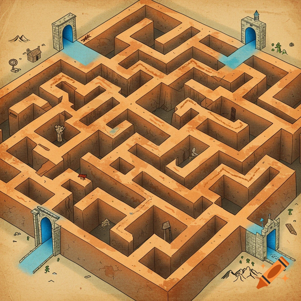 Overhead illustration of a complex maze with four entrances, featuring paths, small figures, and structures.