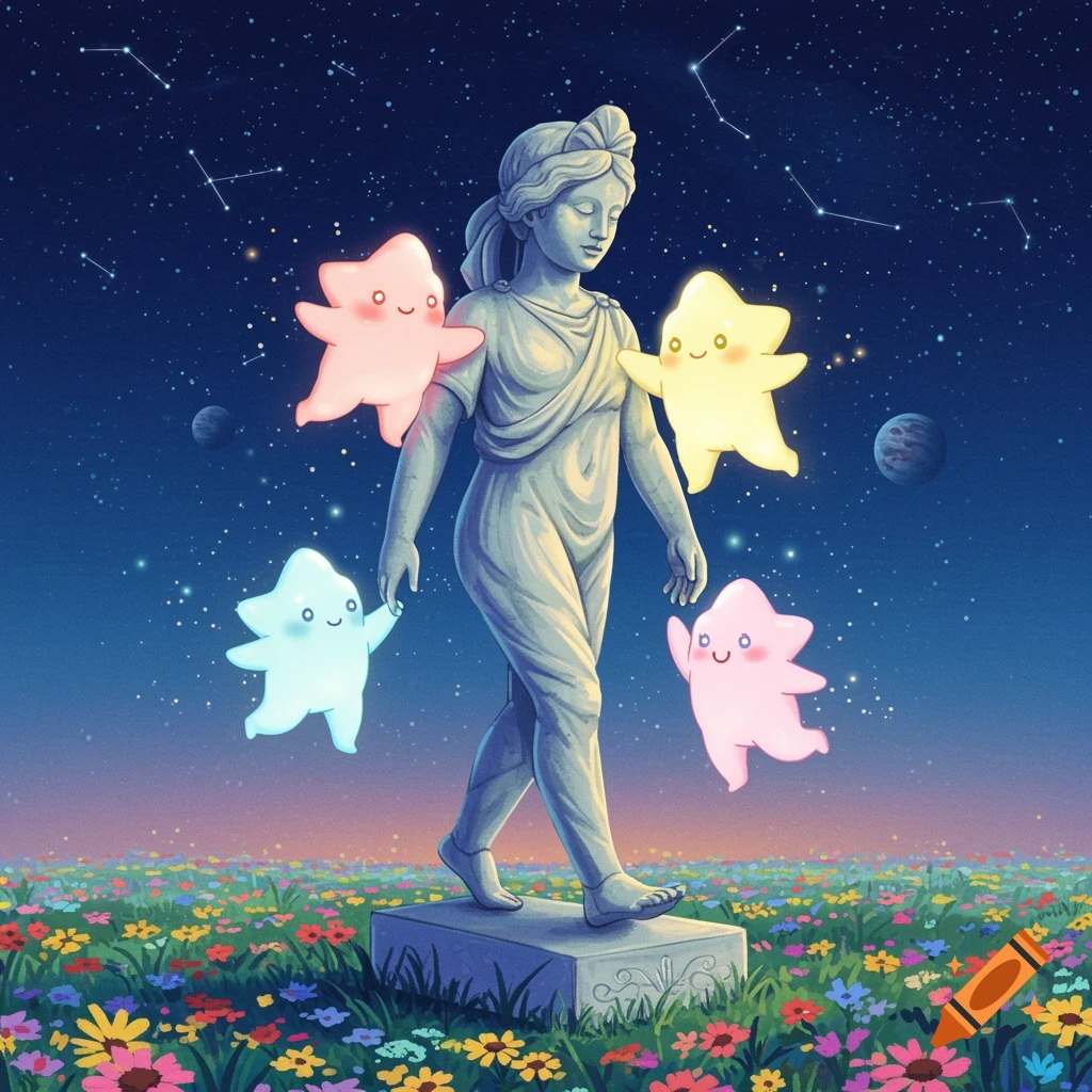 Stone statue walks through a flower field at night with glowing star creatures