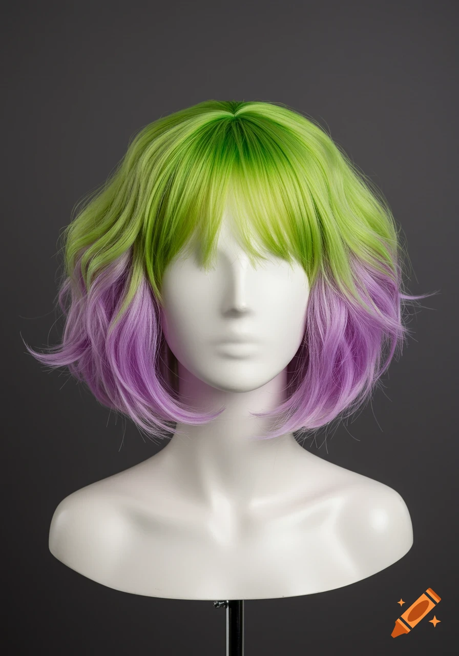 A bright green and purple bob wig styled on a white mannequin head.