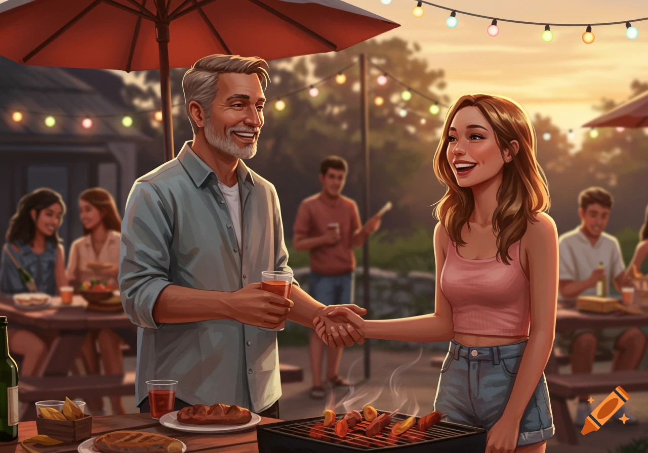 Illustrated scene of two people shaking hands at a summer backyard barbecue with string lights and other guests.