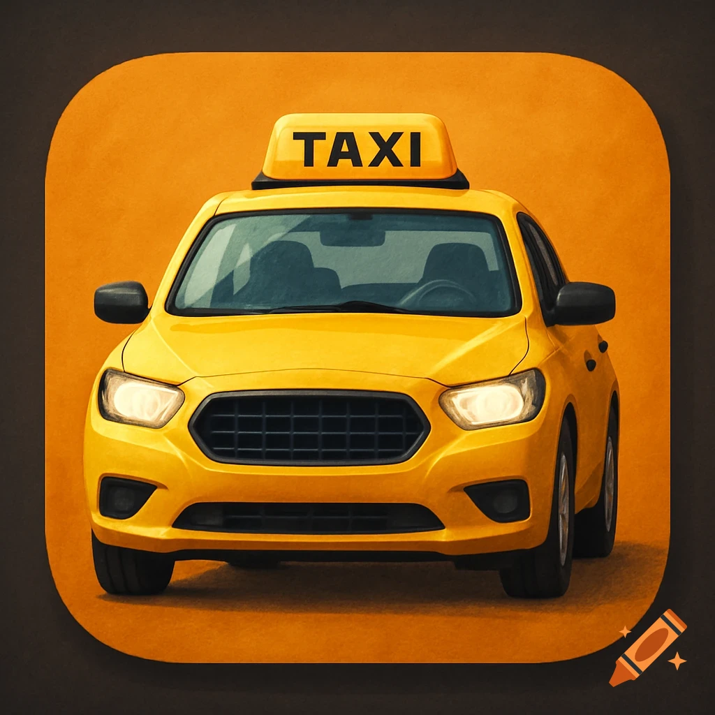 A bright yellow taxi car with a 'TAXI' sign on top, centered on an orange background. Stylized illustration.
