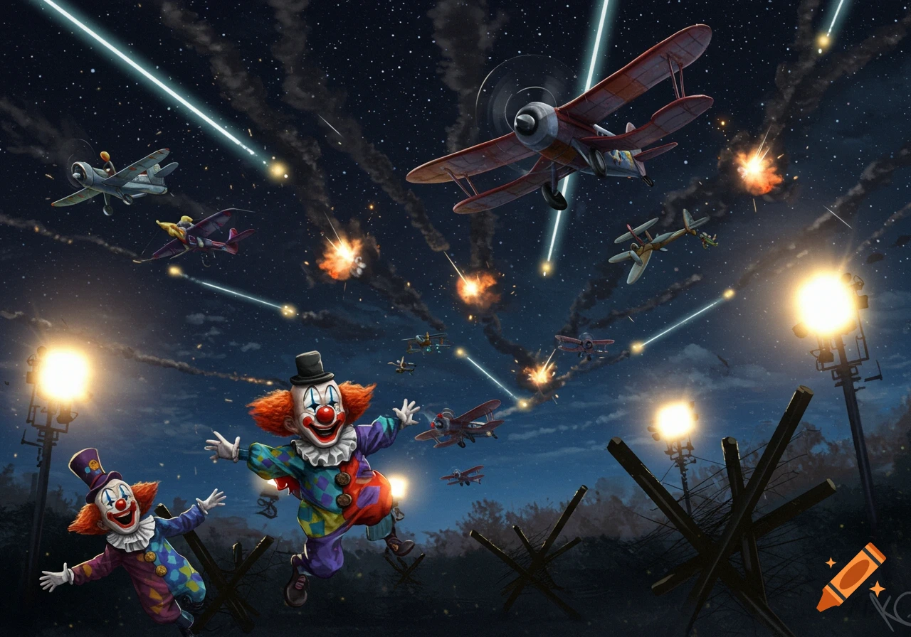 Cartoon clowns fly among biplanes in a night sky filled with flak and spotlights.