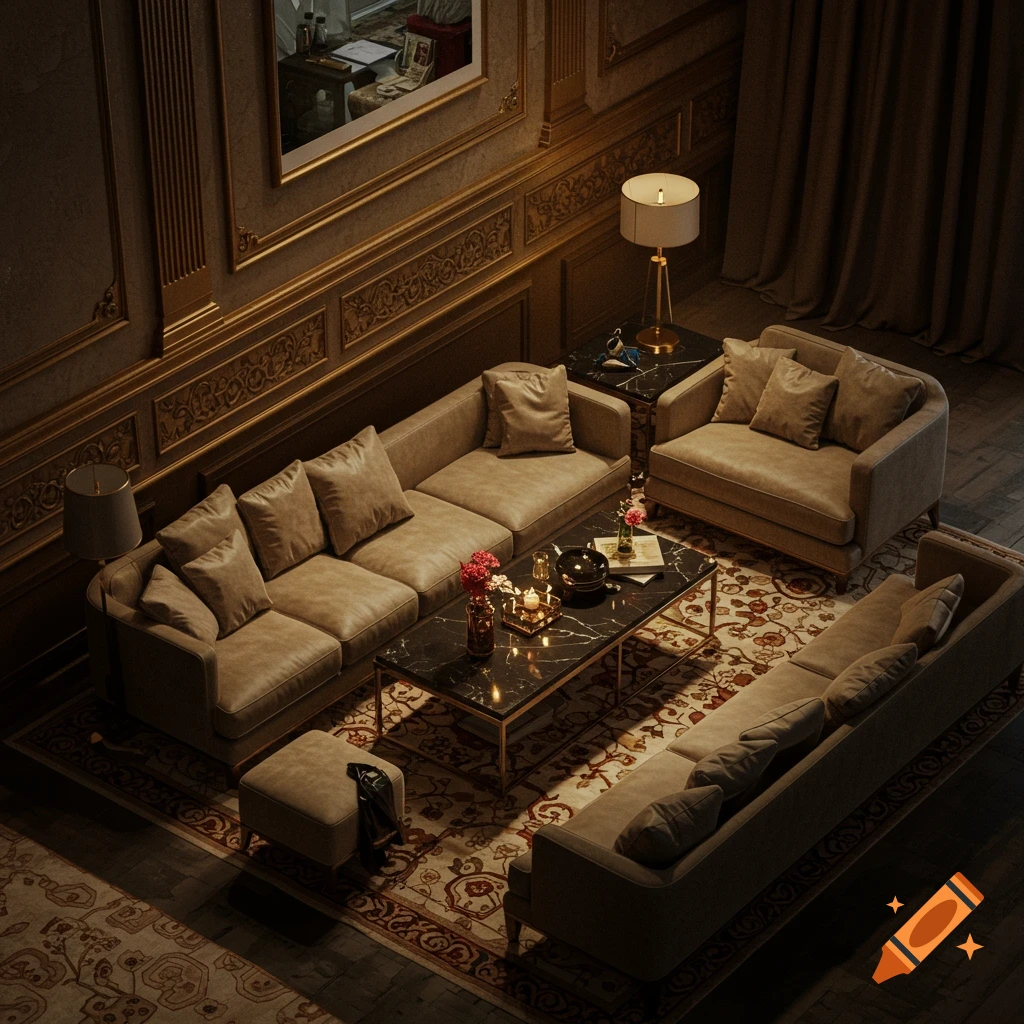 Luxurious living room with sofas, armchairs, coffee table, and rug, viewed from above.