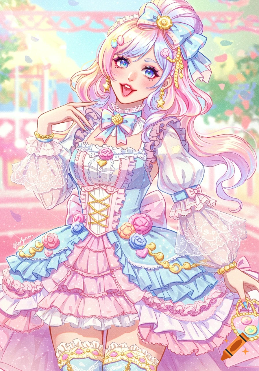 An anime girl in a detailed pastel blue and pink frilly dress with bows and lace.