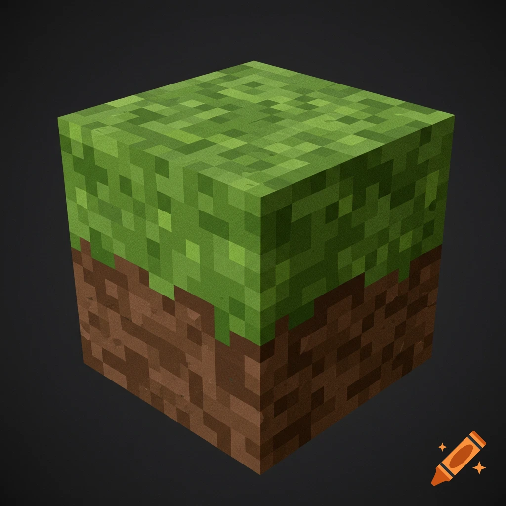 A 3D render of a Minecraft grass block, showing the dirt base and green pixelated top.