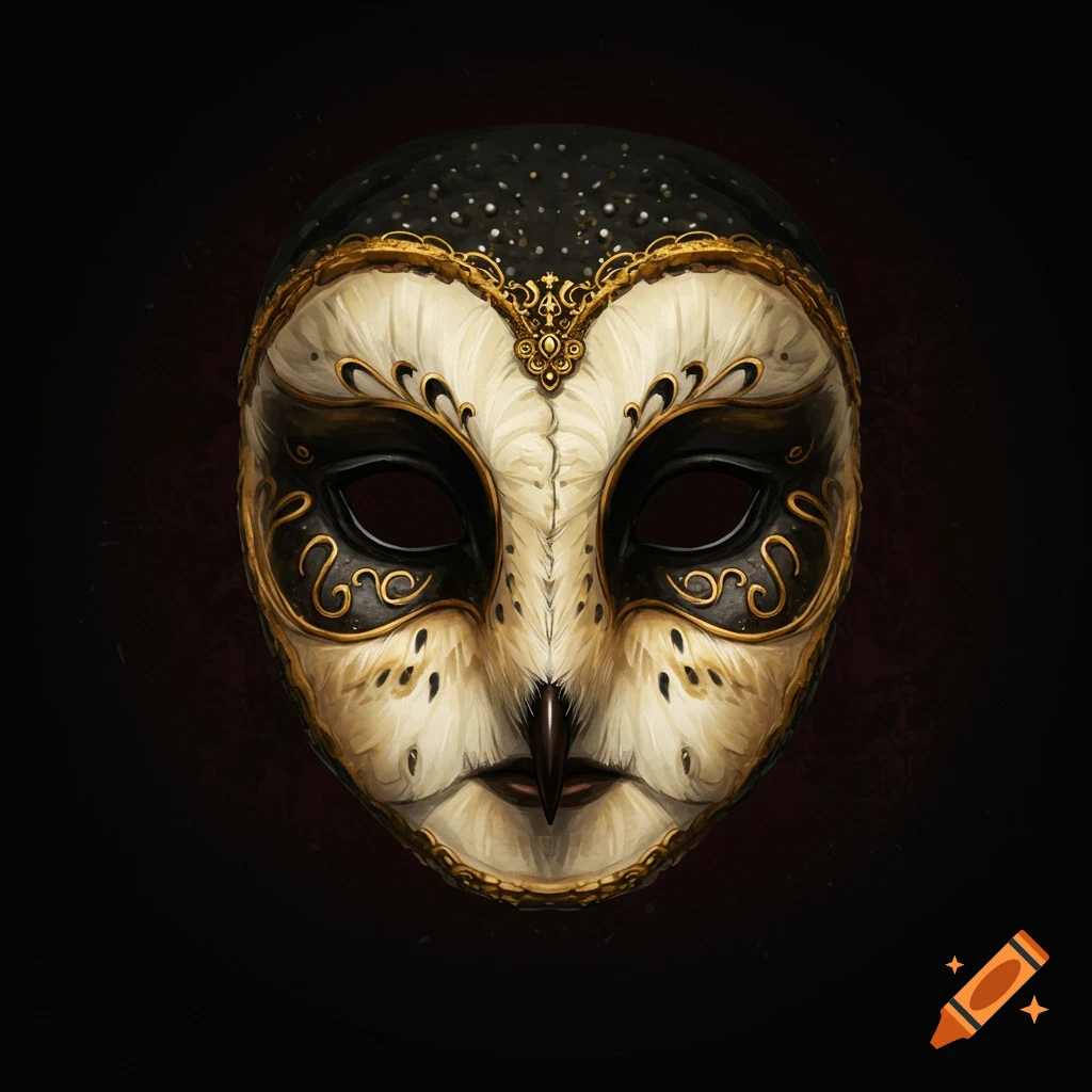 An ornate Venetian-style mask shaped like a barn owl face, in black, gold, and white.
