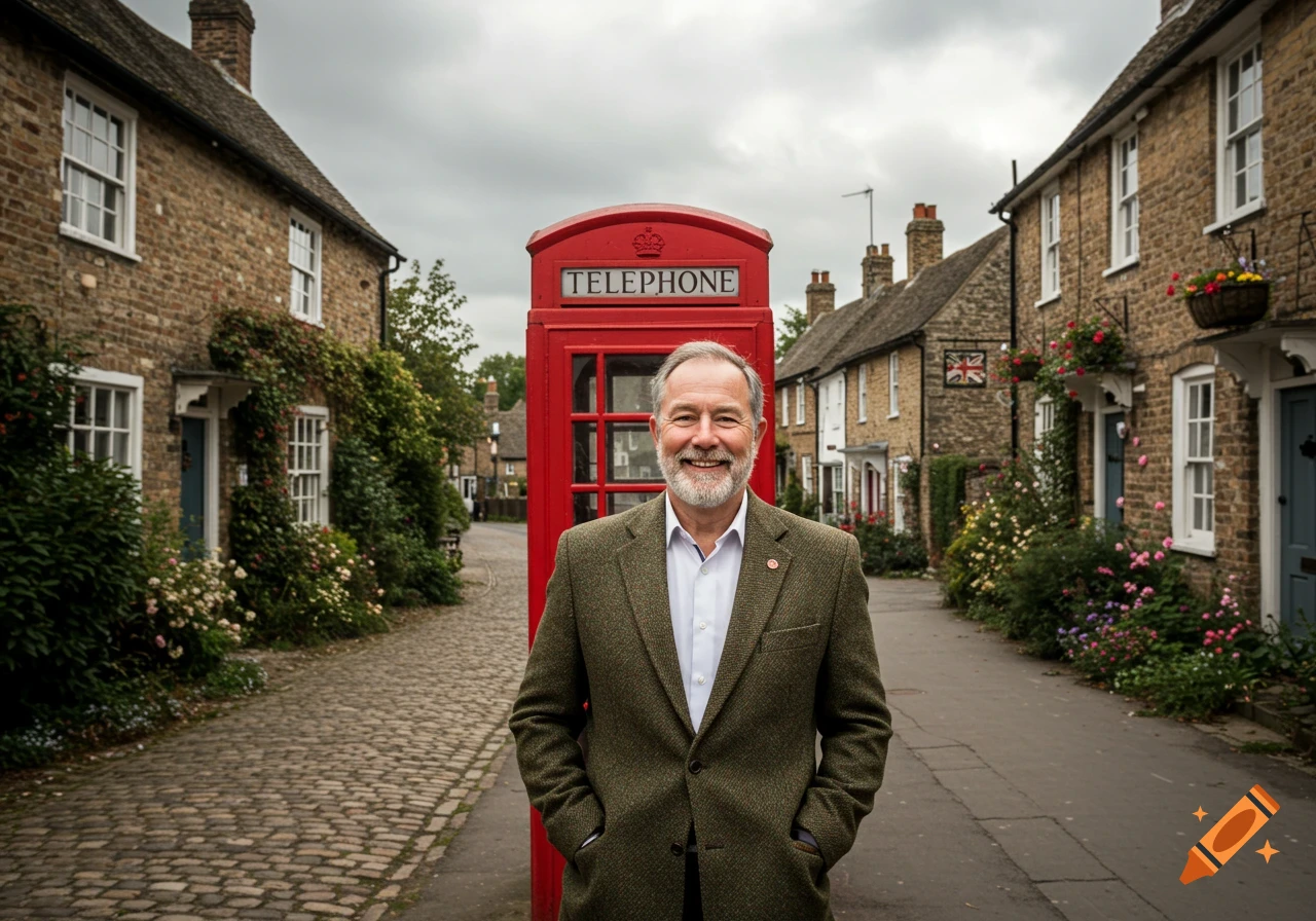 A smiling man in a tweed jacket stands next to a red telephone box on a cobblestone street in England.