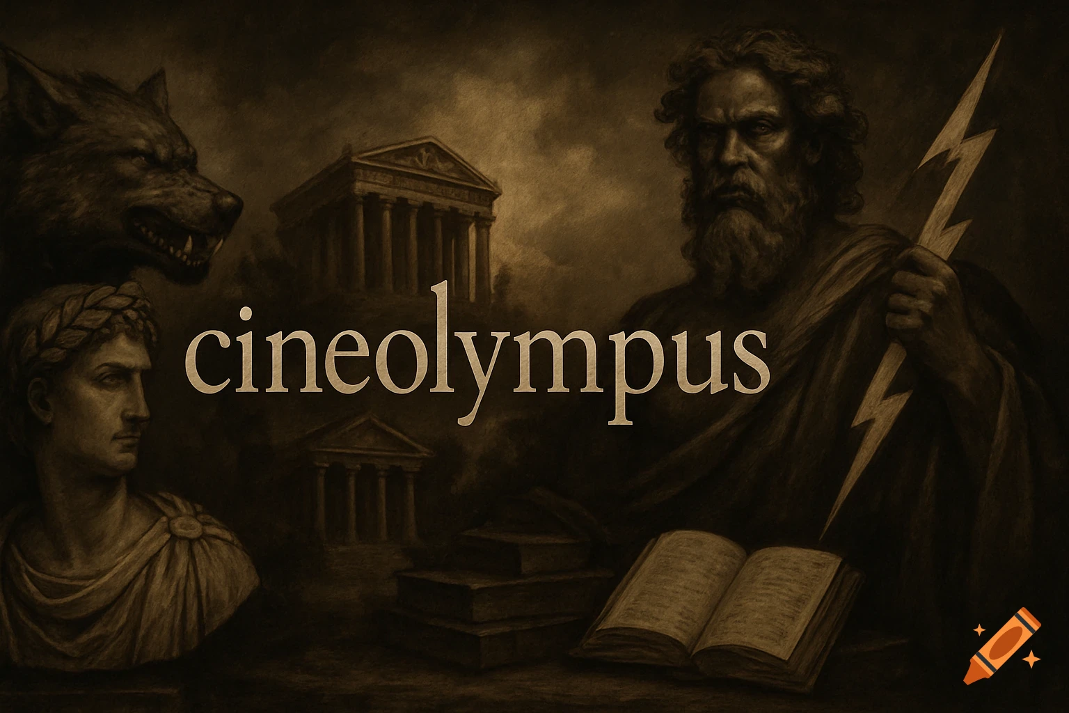 Mythological figures and architecture with text 'cineolympus' in a dark, sepia style.