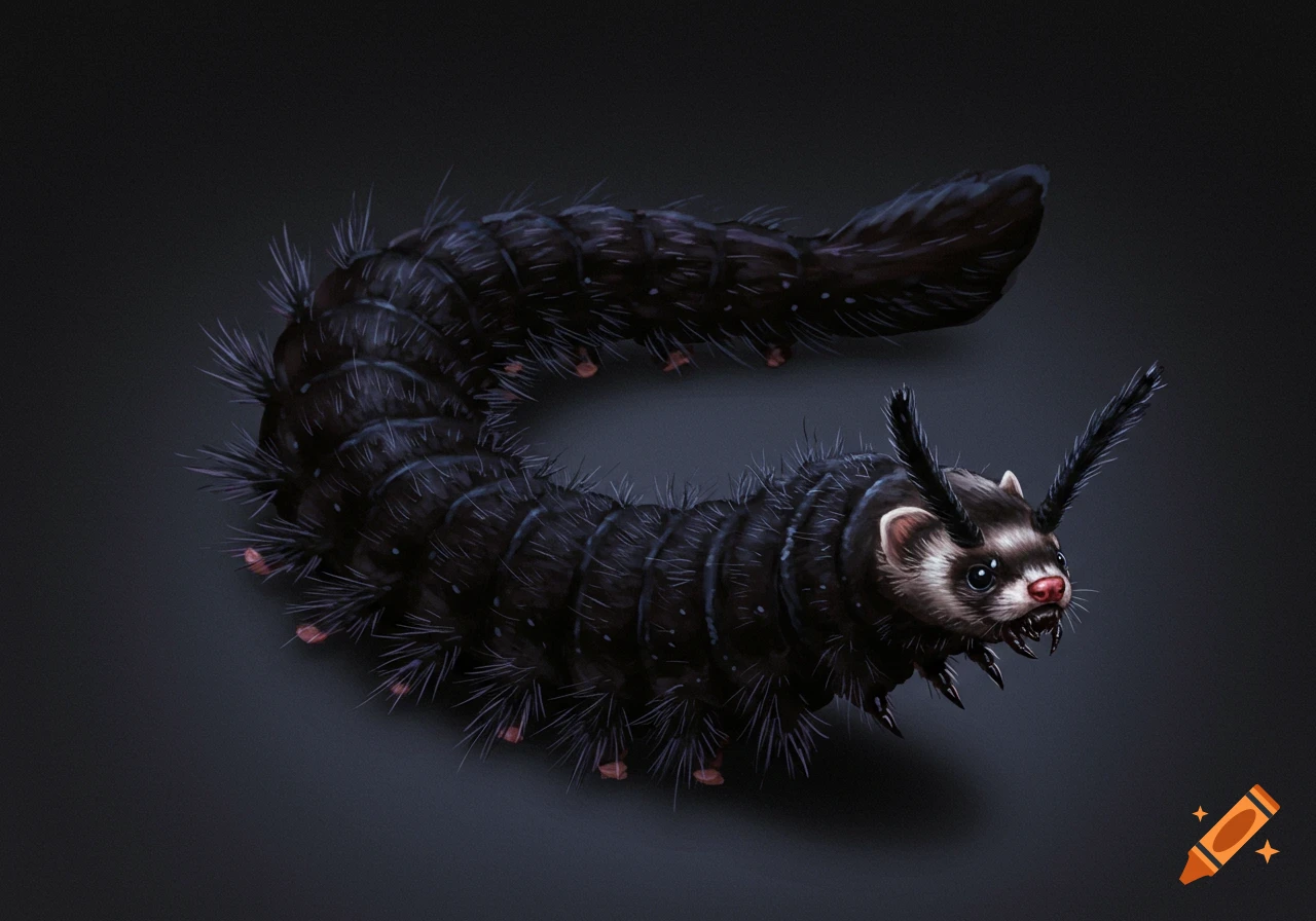 Digital painting of a dark, fuzzy creature with a ferret head and segmented body like a caterpillar.
