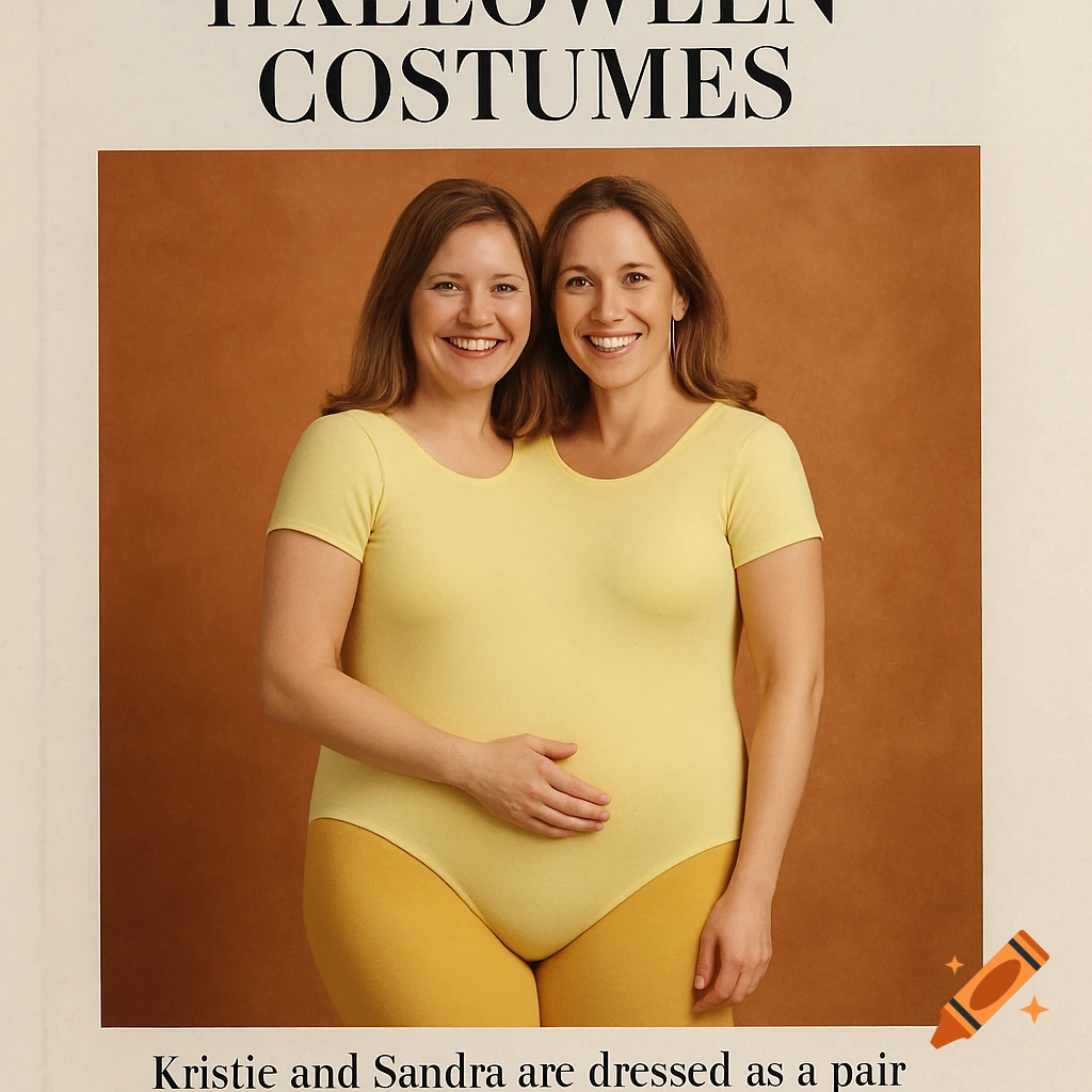 Magazine image of two women merged into one body wearing a yellow leotard and tights for a Halloween costume.