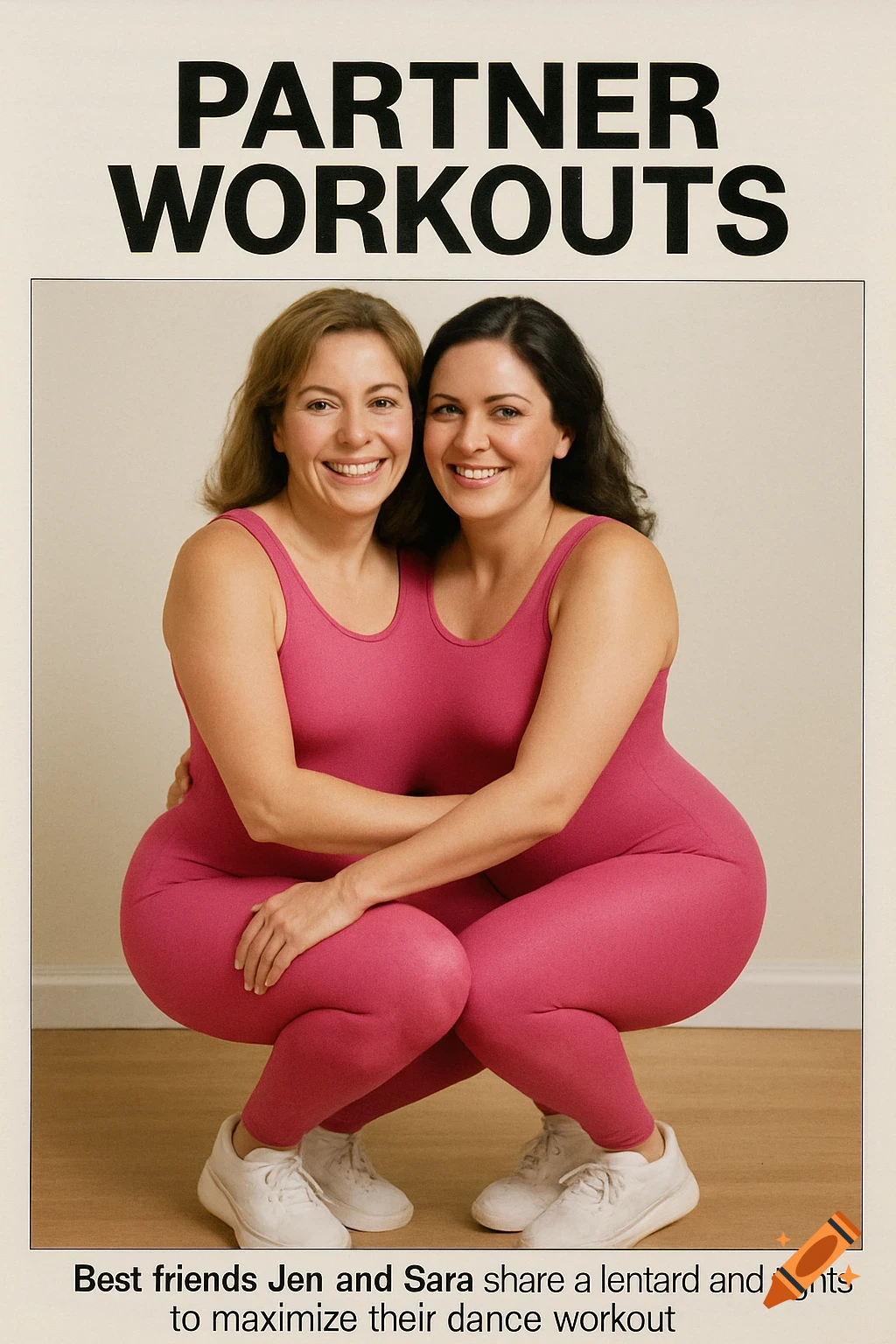 Two women in pink workout clothes, merged together, squatting. With text.