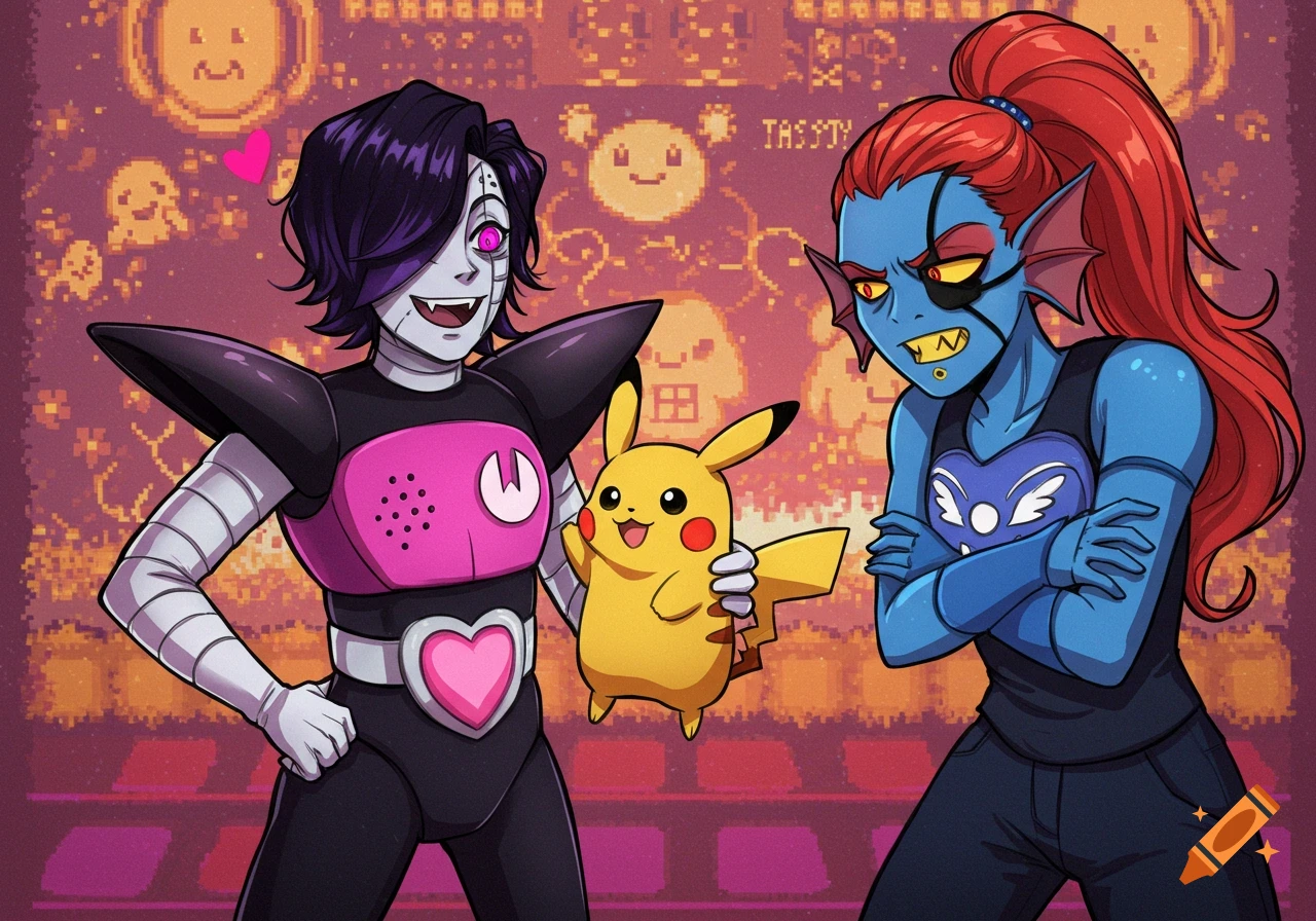 Mettaton holding a Pikachu next to an annoyed Undyne in a cartoon style