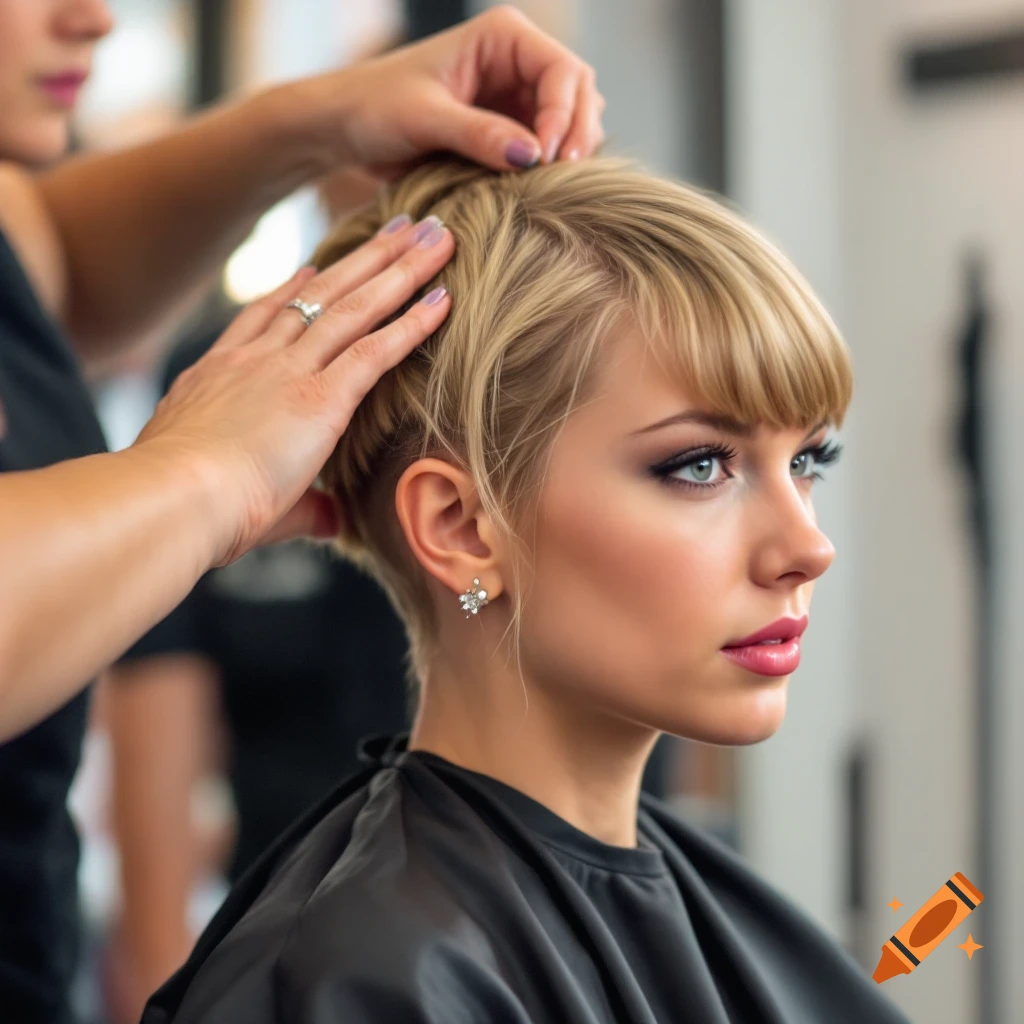 A woman sits in a salon chair, wearing a cape, while a hairdresser styles her blonde hair.
