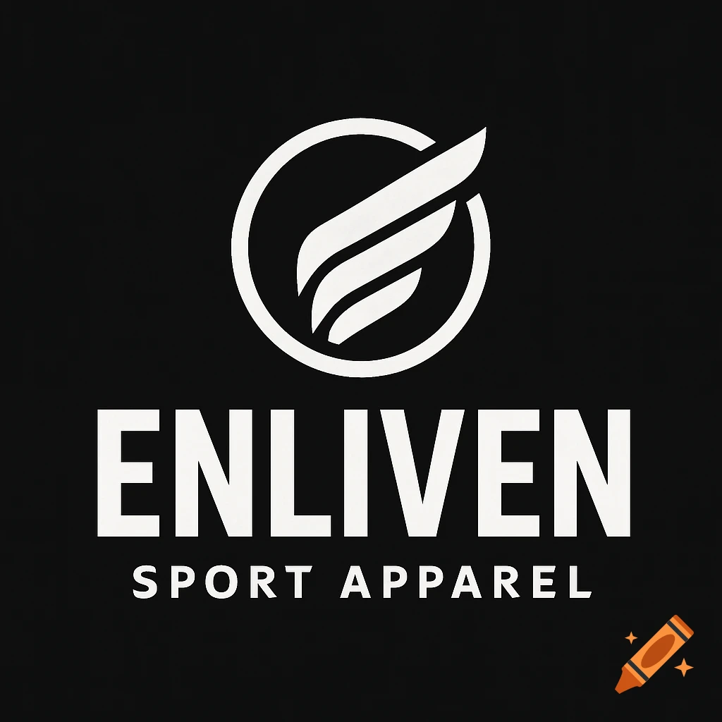 Black background with a white logo featuring a circle with wings inside, above the word ENLIVEN, with SPORT APPAREL below.