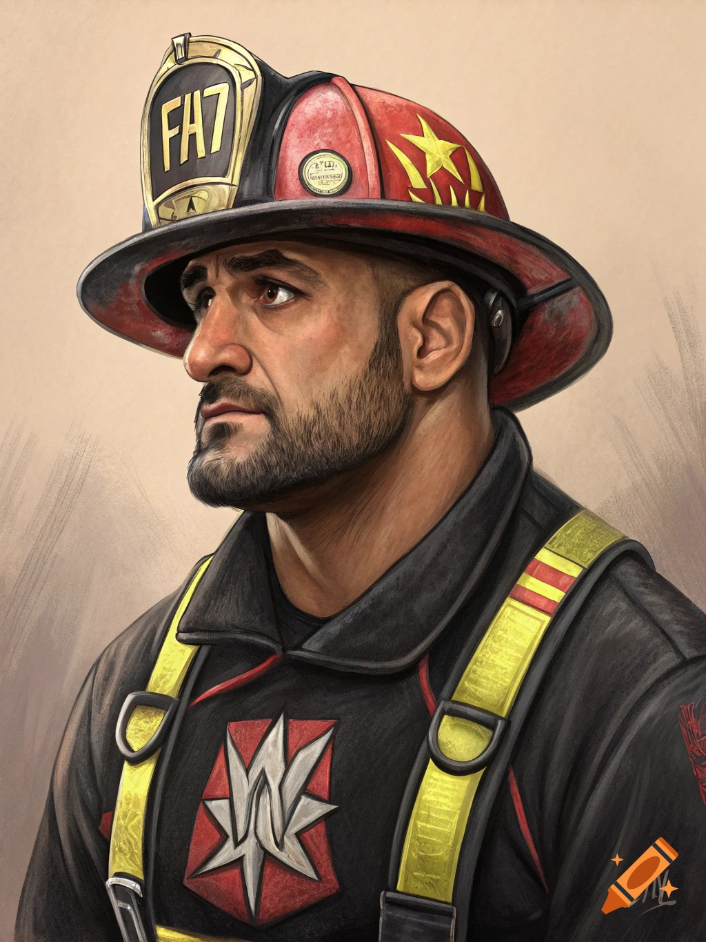 Painted portrait of a man in a firefighter uniform and helmet looking left.