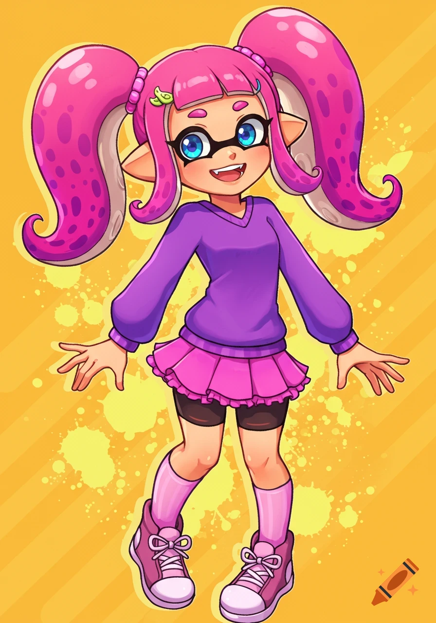 Anime style illustration of a girl with pink tentacle pigtails, wearing a purple sweater and pink skirt, standing against a yellow background.