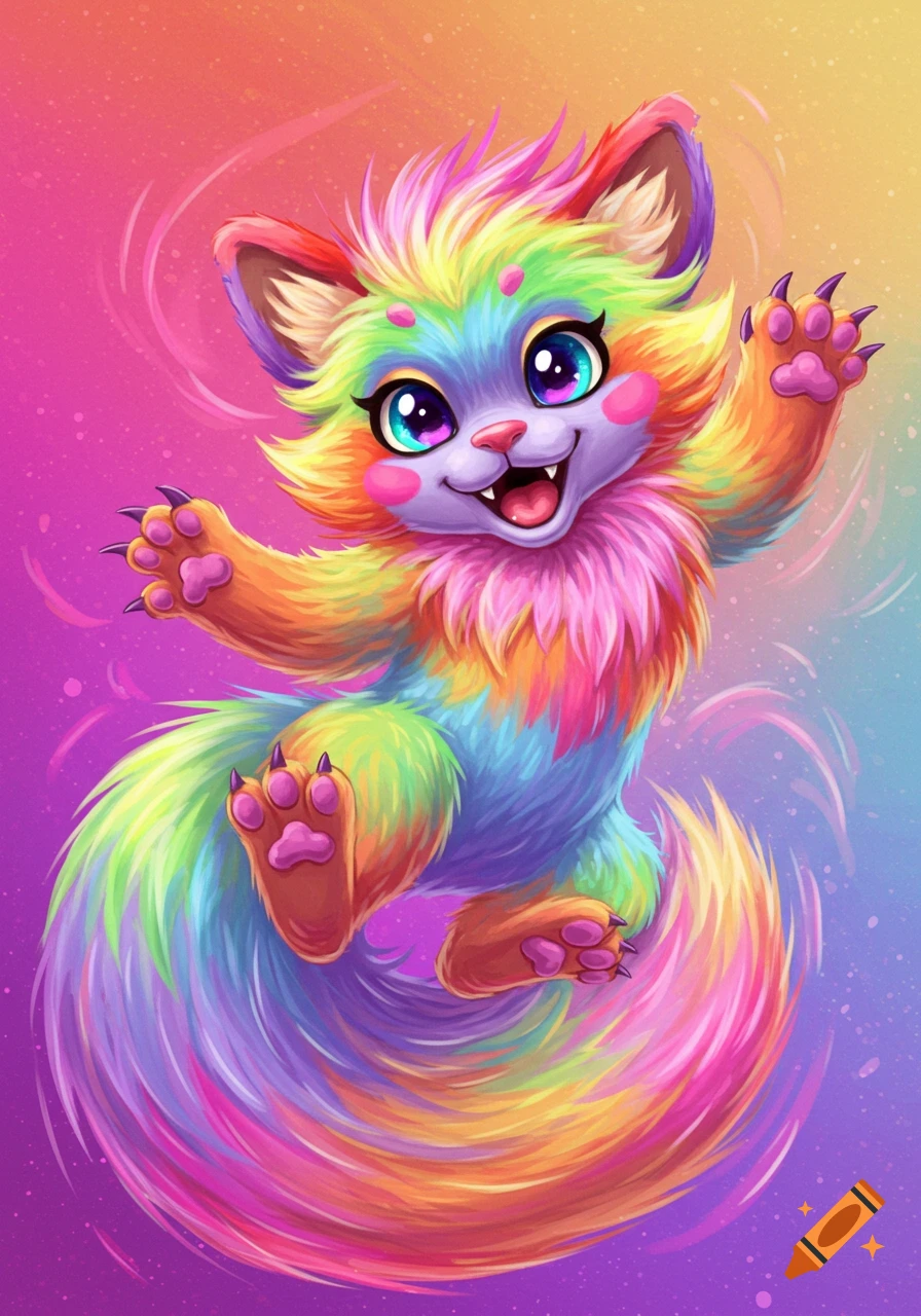 A cute rainbow-colored fluffy creature jumps