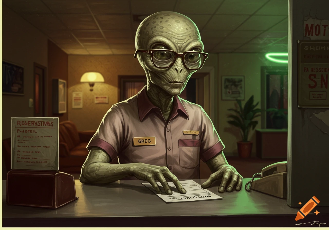 An alien in glasses sits at a motel desk, looking at a document. Illustration style.