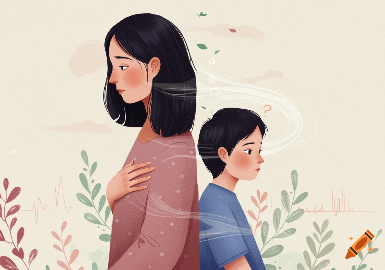 Children's book illustration of a mother and child back-to-back with a swirling visual gap between them, surrounded by plants.