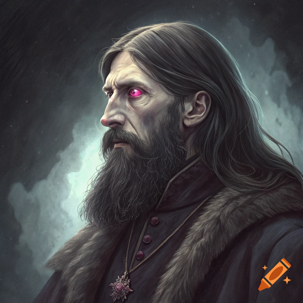 Portrait of Rasputin with pink glowing eyes in a realistic illustration style.