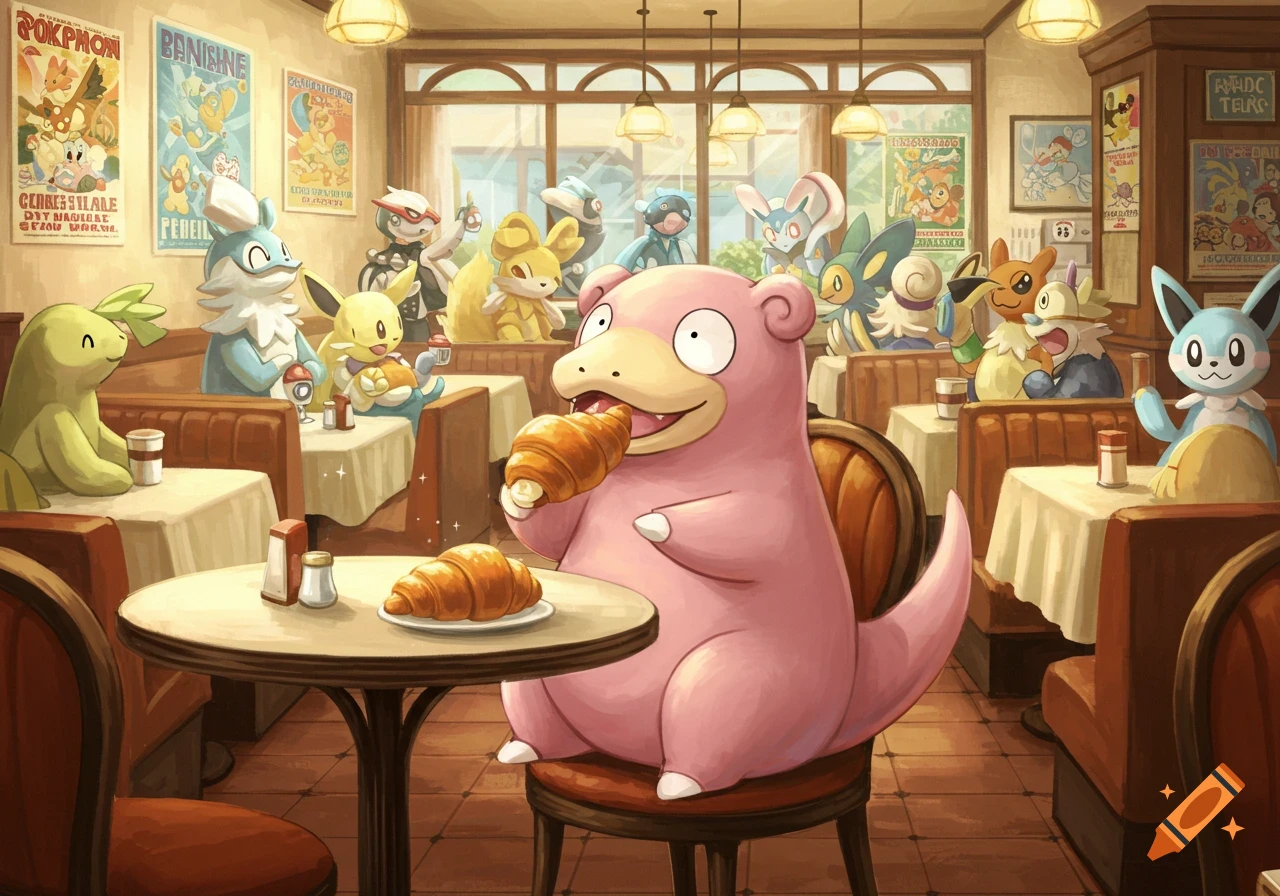 Slowpoke eats a croissant at a cafe table, surrounded by other Pokemon dining.