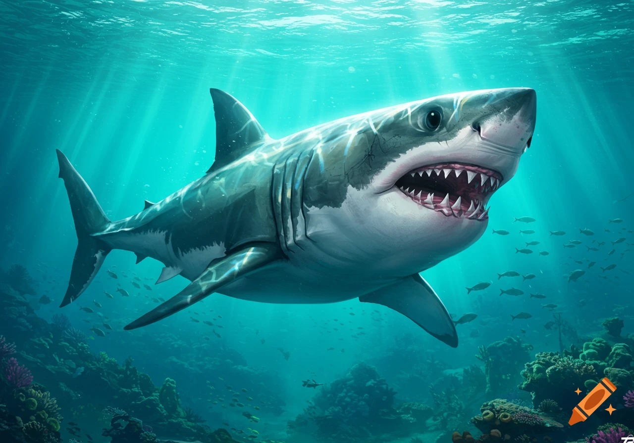 Stylized illustration of a great white shark swimming underwater with schools of fish and coral reef below.
