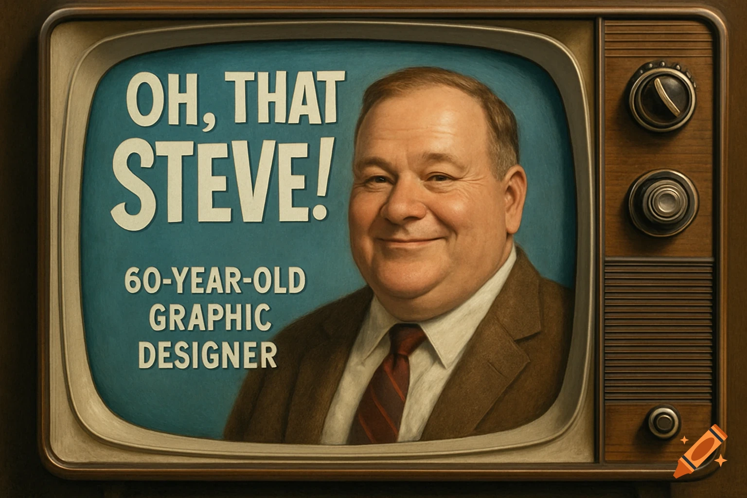 Smiling man in suit on vintage TV screen with title card 'OH, THAT STEVE! 60-YEAR-OLD GRAPHIC DESIGNER'.