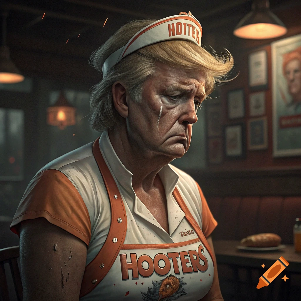 Photorealistic portrait of Donald Trump as a sad Hooters waitress.