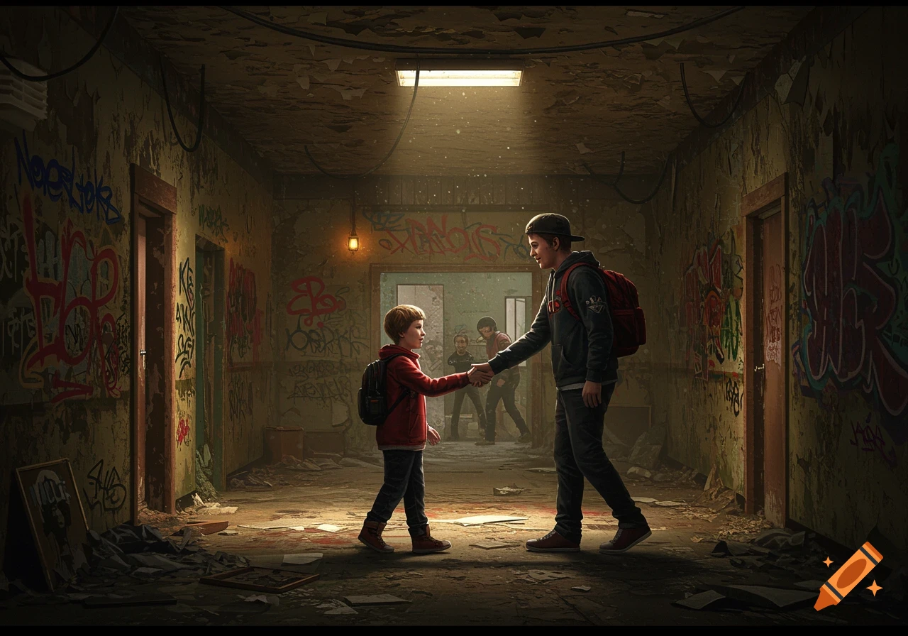 Two young people shake hands in a dark, graffiti-covered hallway.