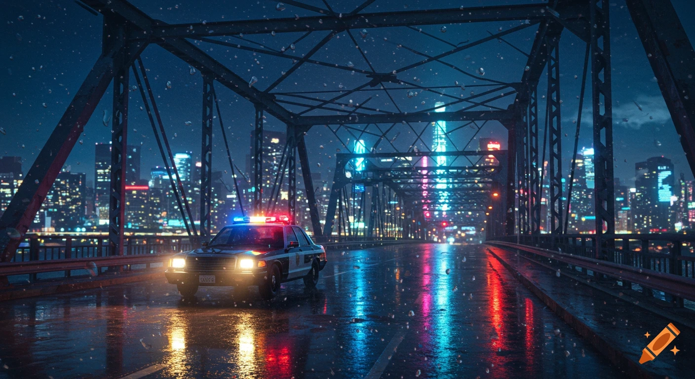 A police car on a bridge at night in the rain with city lights in the background.