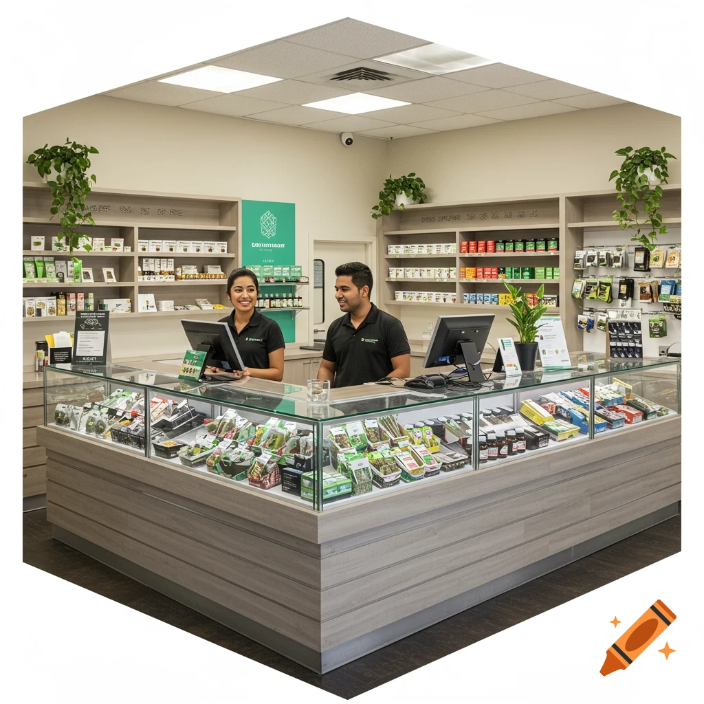 Two people stand behind a counter in a photorealistic modern cannabis dispensary with display cases and shelves.