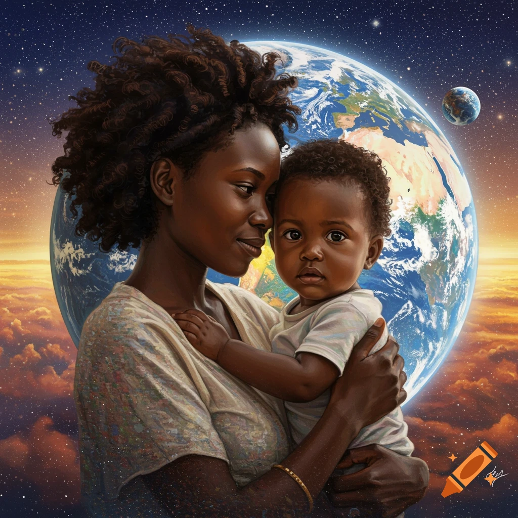 A mother holds a baby with the Earth and stars in the background.