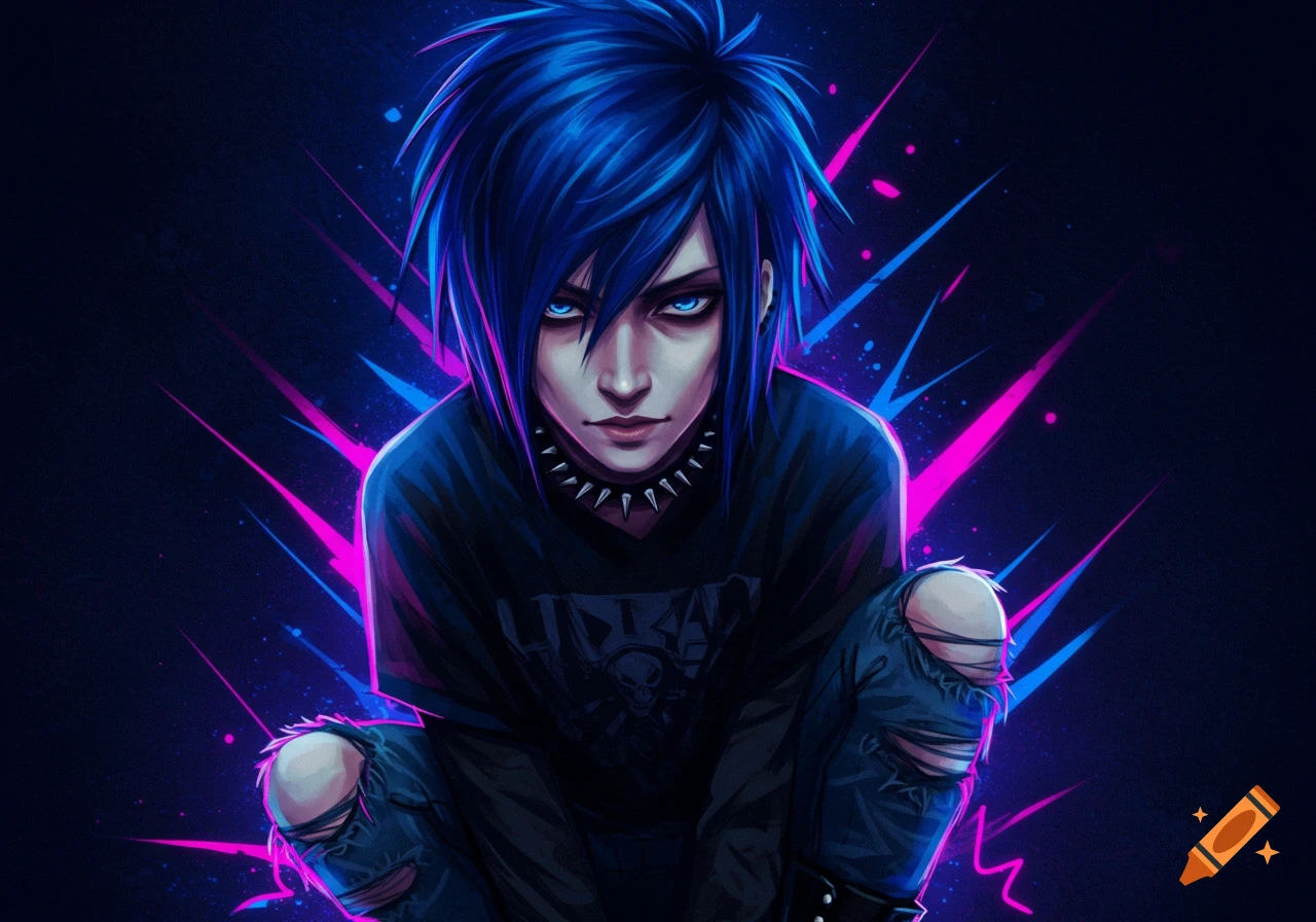 Illustration of an emo person with blue hair and studded collar against neon background.