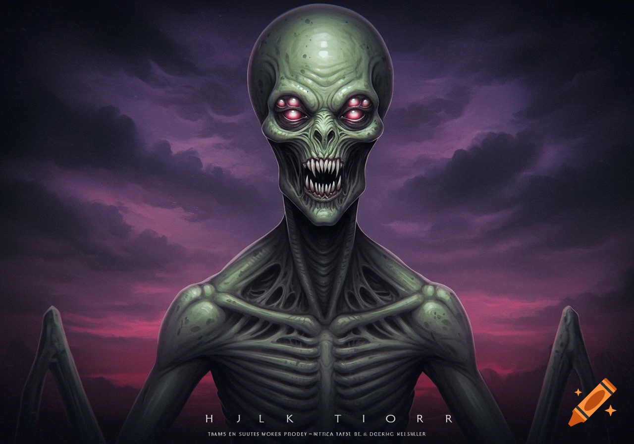 Creepy green alien creature with red eyes and sharp teeth against a purple sky.