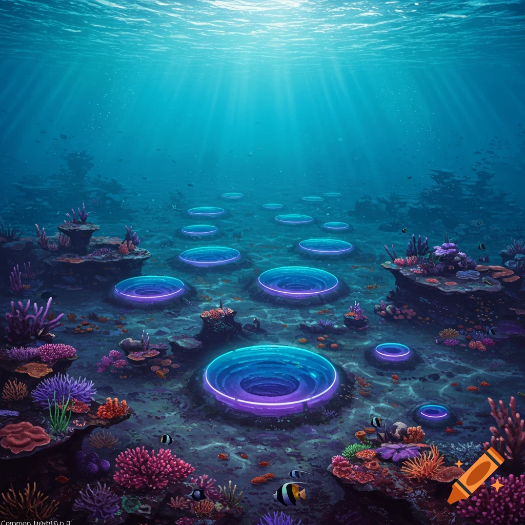 Underwater scene with coral reef and glowing blue and purple circular structures on the seabed.